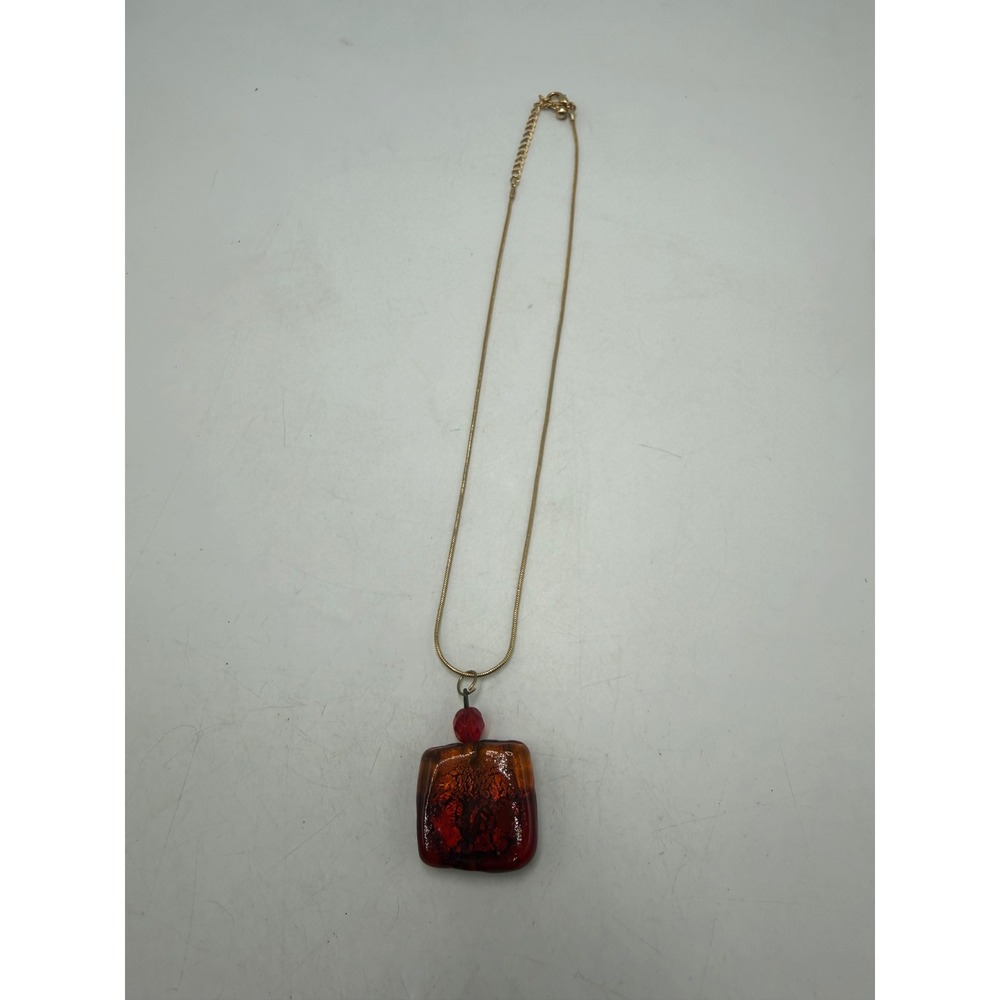 Art Glass Pendant Necklace Red Amber Silver Foil Square Gold Tone Snake Chain